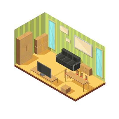 Isometric furniture composition of living room cabinetry tables hanging robe dresser couch mirrors and lounge settee vector illustration