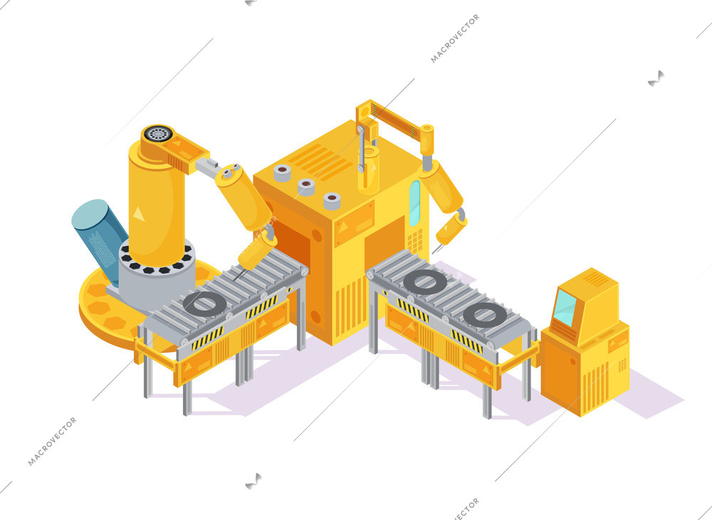 Grey yellow welding conveyor with robotic hands and computer control on white background isometric vector illustration