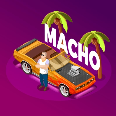 Macho man standing crossed arms near luxury open top car in tropical resort isometric image vector illustration