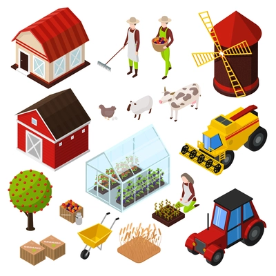 Organic farming products isometric icons set with isolated images of agrimotors buildings farm animals and plants vector illustration