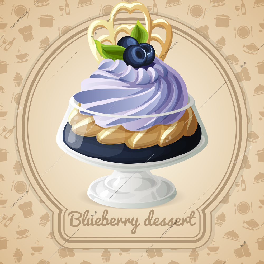 Blueberry dessert with cream and syrup badge and food cooking icons on background vector illustration