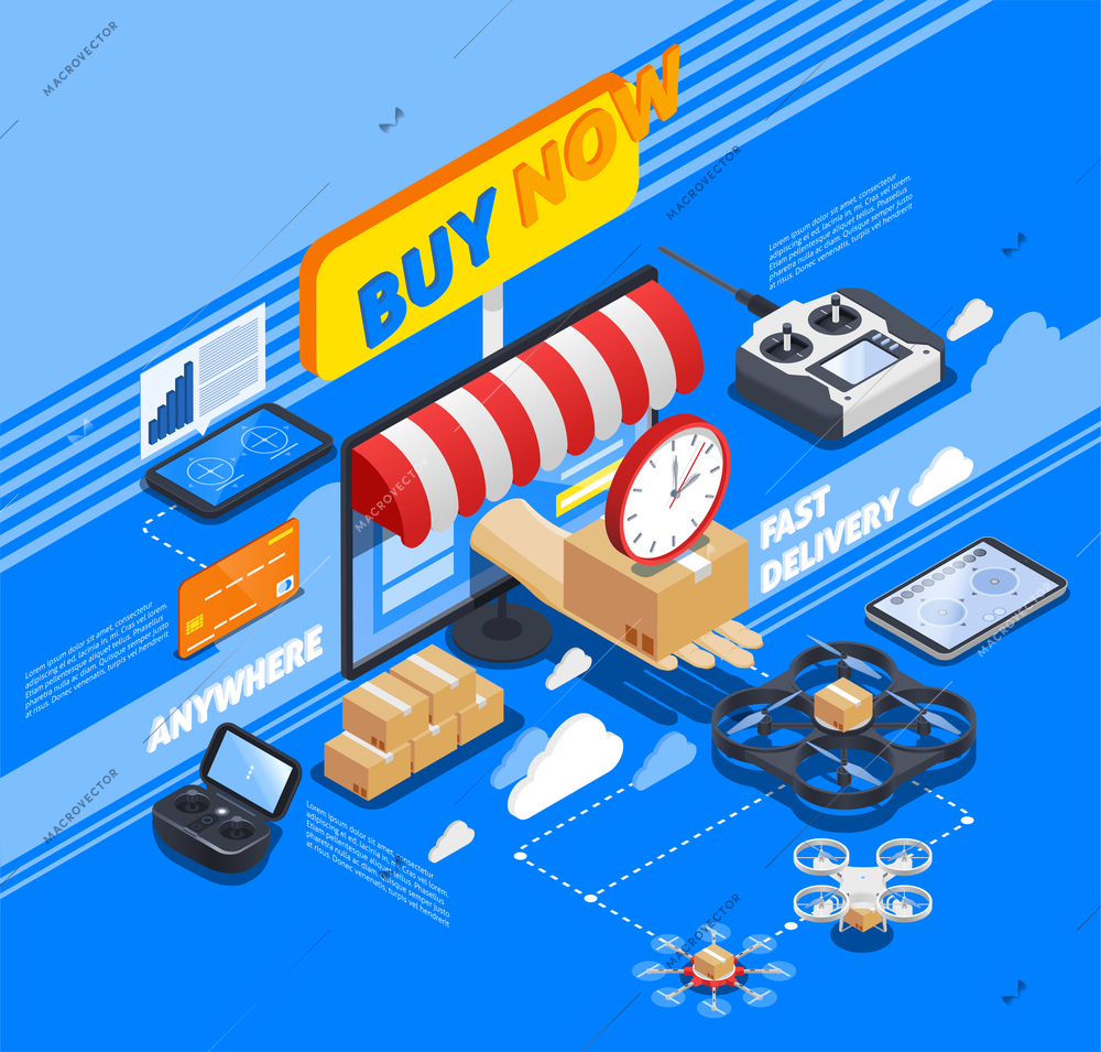 Internet shop, payment card and package delivery by drones isometric composition on blue background vector illustration