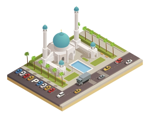 Mosque islam followers worship place building with dome and minarets and adjacent roads isometric composition  vector illustration