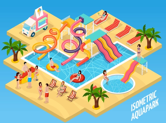 Colored water park aquapark isometric composition with sand beach sun beds swimming pool and visitors vector illustration