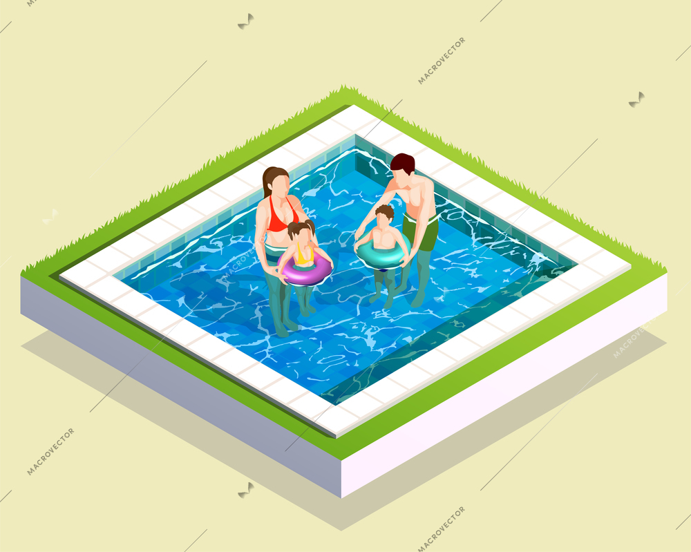 Swimming pool family isometric composition with square swimming bath adult parents and teenage children faceless characters vector illustration