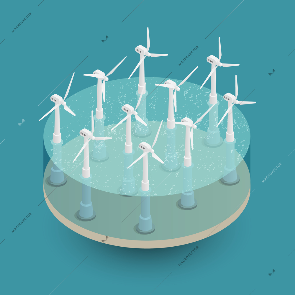 Green sustainable renewable energy production isometric composition with wind turbines electric powers generation aquamarine background vector illustration