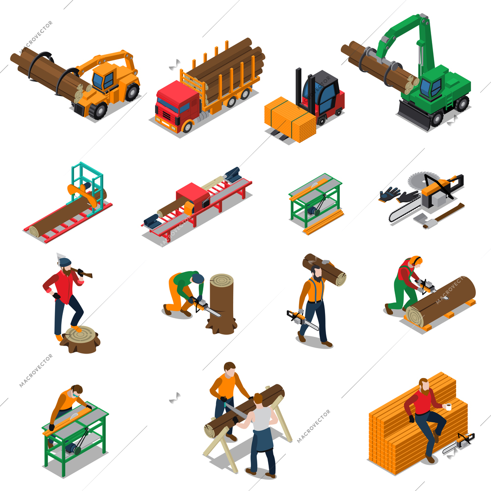 Colored and isolated sawmill timber mill lumberjack isometric icon set with sawmill worker and his tools vector illustration