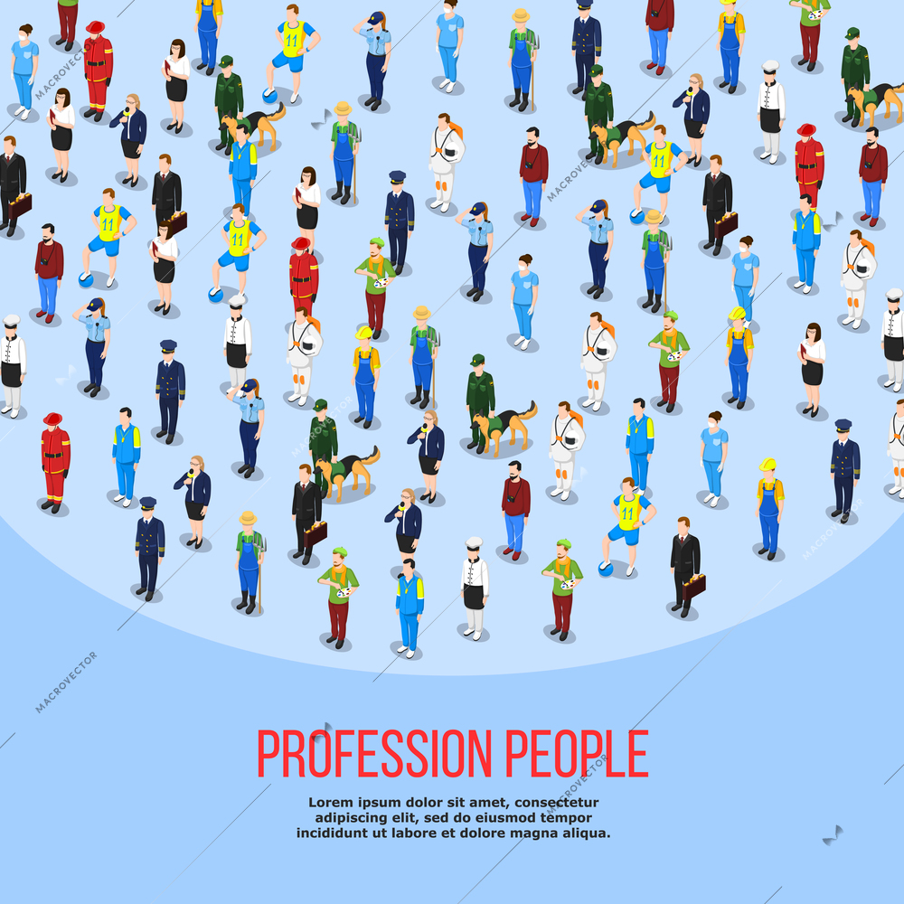 People background isometric composition of human characters in uniform representing different professions with editable text description vector illustration