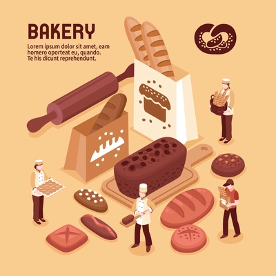 Bakery isometric concept with fresh bread bakers and delivery person 3d vector illustration