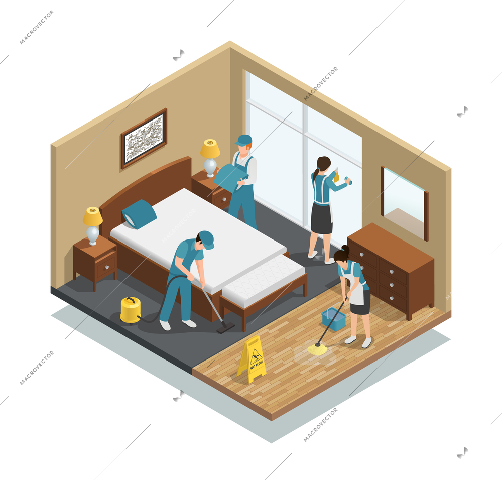 House cleaning isometric composition with professional workers washing window and floor, making bed, vacuuming carpet vector illustration