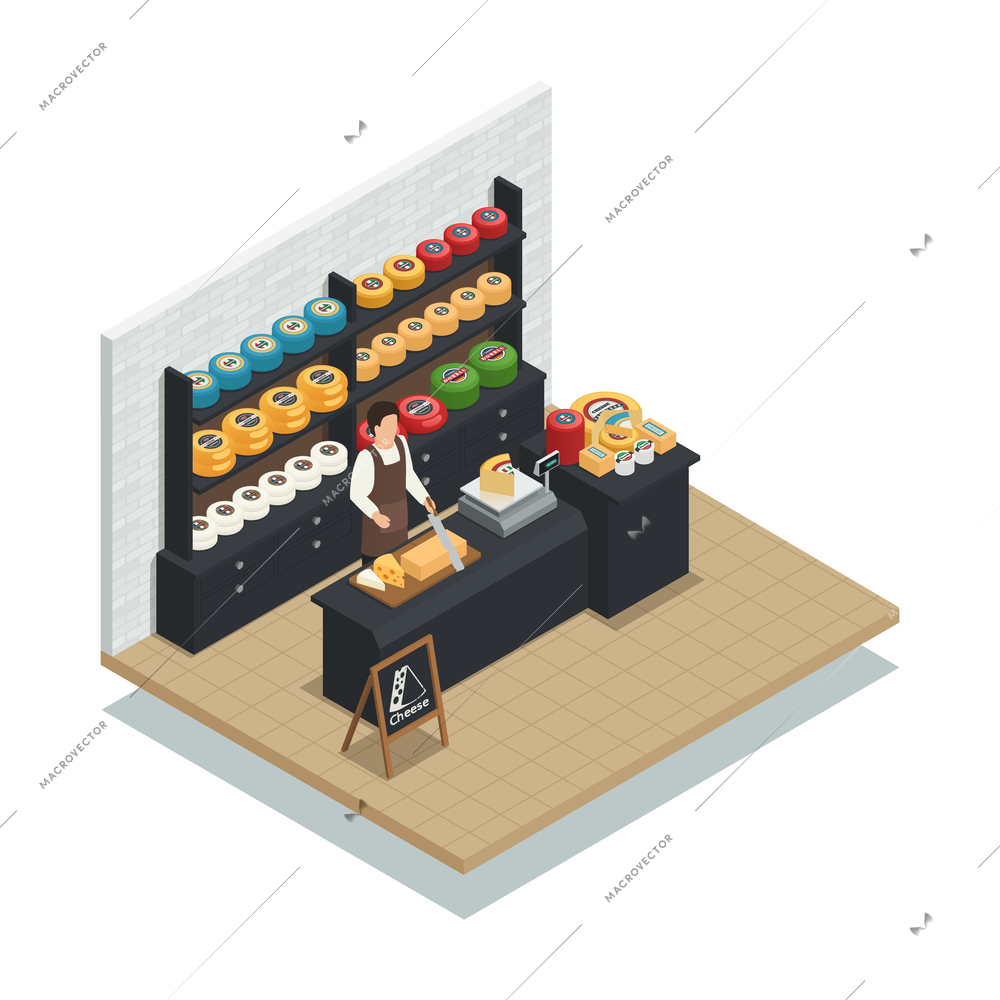 Cheese seller specialist isometric icon with hard emmental soft mozzarella and creamy italian production varieties vector illustration