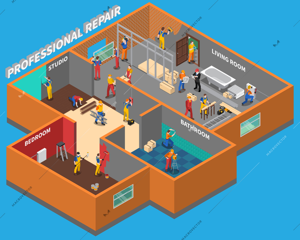 Isometric home repair worker people composition with professional repair services in bathroom bedroom living room and studio vector illustration