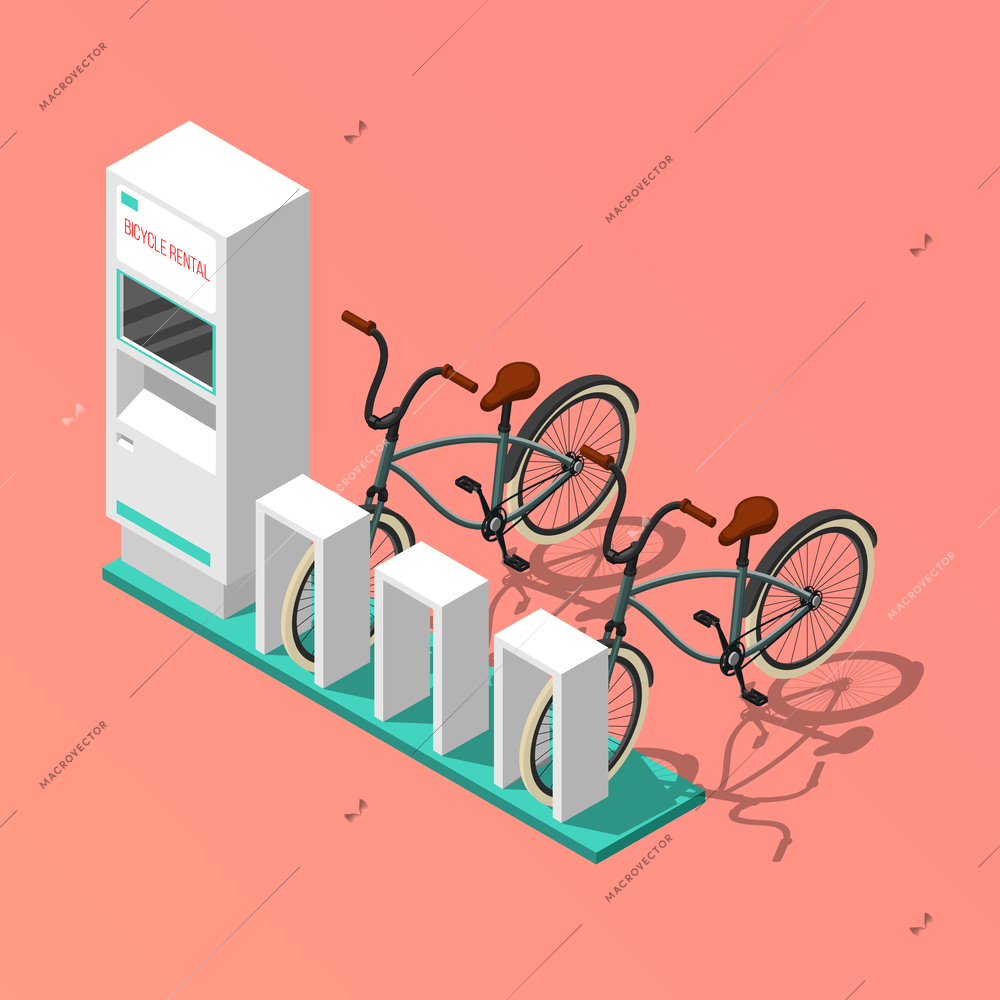 Isometric composition with electronic bicycle renting station on pink background 3d vector illustration