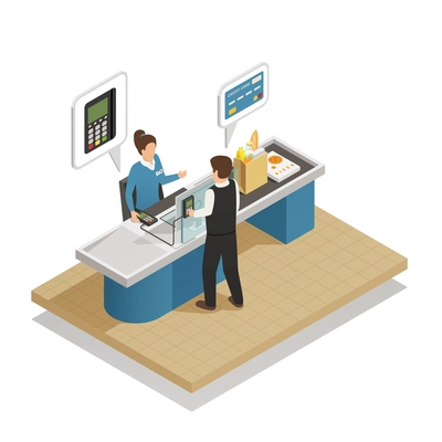 Electronic payment processing isometric composition with saleswoman attending customer paying with credit bank card vector illustration
