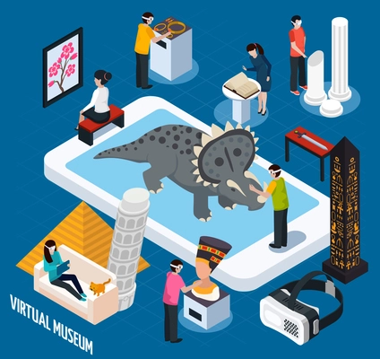 Colored and isometric virtual travel landmarks museum concept with virtual reality in smartphone vector illustration