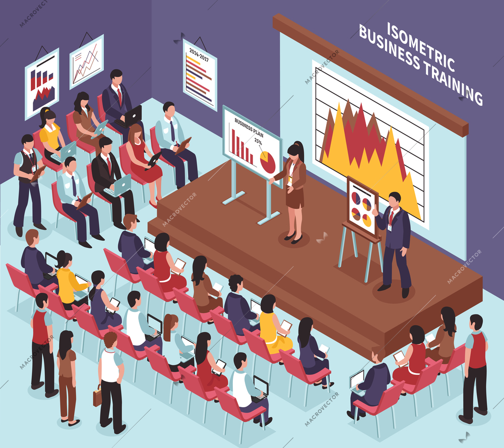 Speakers showing presentation at business training conference 3d isometric vector illustration