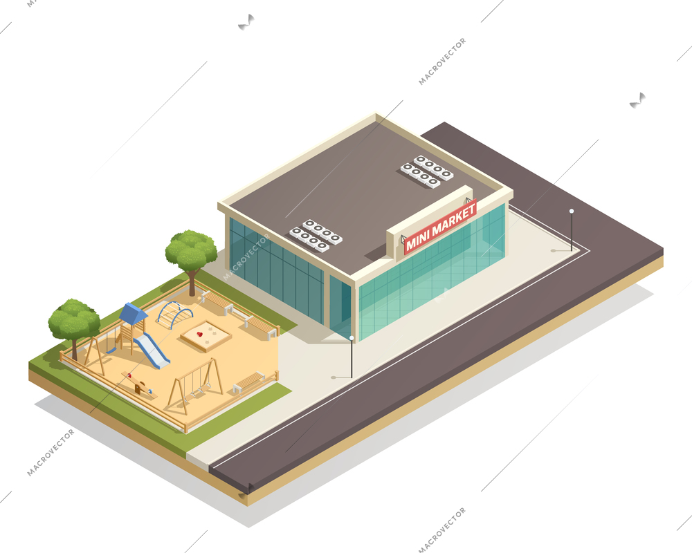 Isometric composition with kids playground, including swings, slide, climbing frame near shop with street lights vector illustration