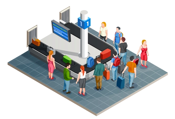 Conveyor line airport isometric composition with baggage carousel and arrival board images with characters of passengers vector illustration