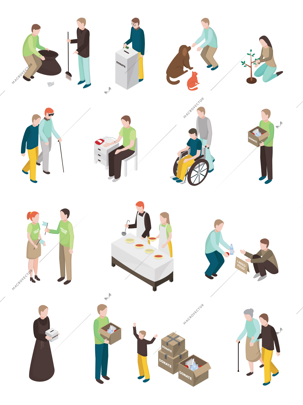 Charity volunteer people isometric set of isolated human characters of different age doing various humanitarian activities vector illustration