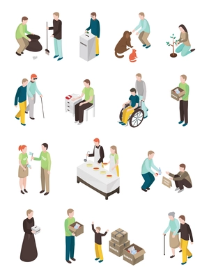 Charity volunteer people isometric set of isolated human characters of different age doing various humanitarian activities vector illustration