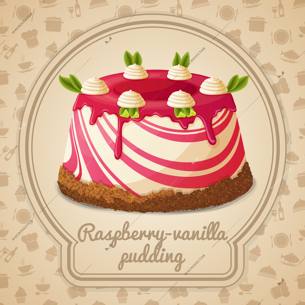 Raspberry vanilla pudding dessert label and food cooking icons on background vector illustration