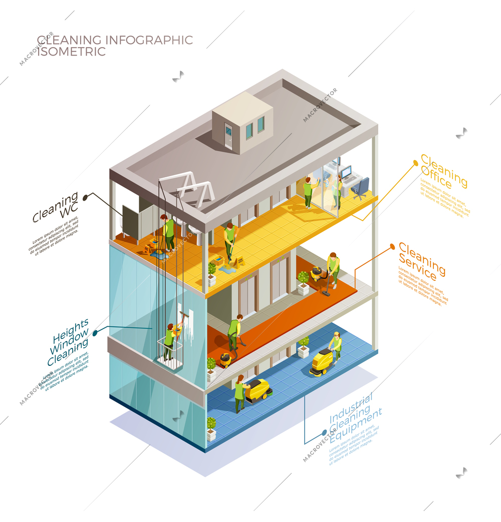 Cleaning infographic isometric layout with visual information of equipment industrial alpinism and cleaning services vector illustration