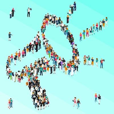 Colored crowd people isometric megaphone with large number of people combined in big megaphone vector illustration
