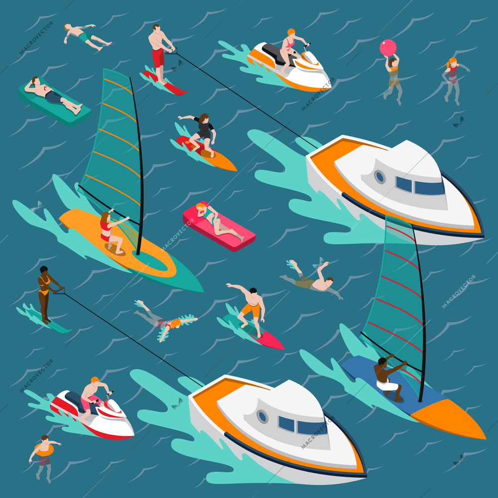 Isometric water sports colored people composition with swimming people in the sea vector illustration