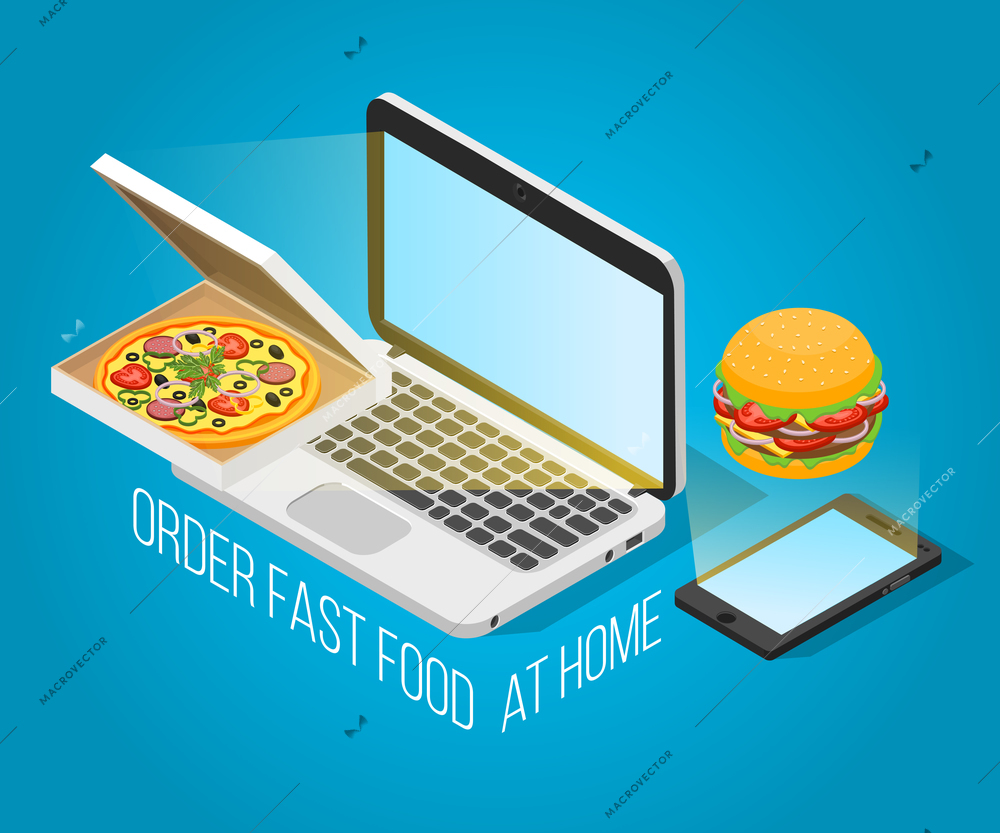 Fast food order at home isometric design concept with notebook smartphone pizza and hamburger decorative icons on blue background vector illustration