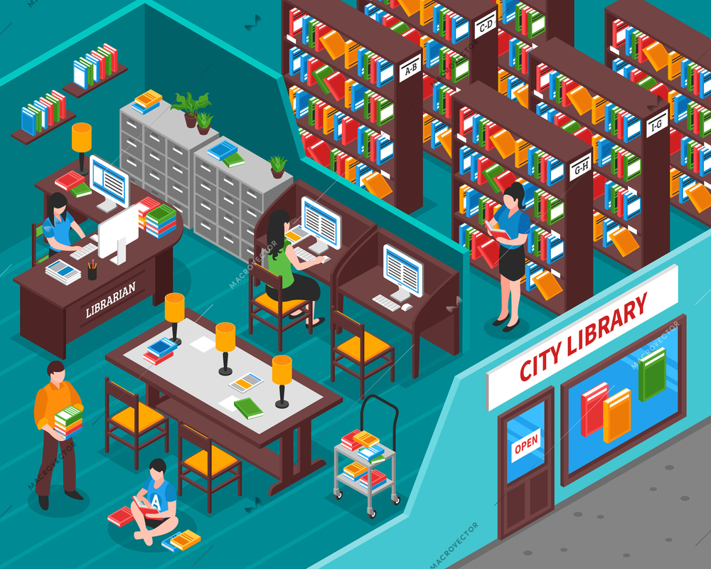 City library with books employee at workplace visitors interior elements and view from street isometric vector illustration