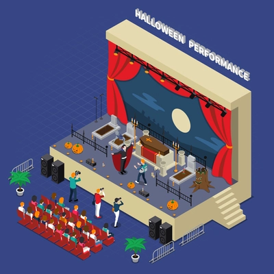 Colored and isometric monster halloween composition with Halloween performance in scary theatre vector illustration