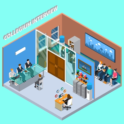 Colored recruitment hiring HR management isometric people composition with collegium interview scene vector illustration