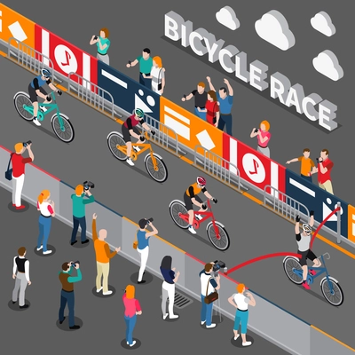 Colored bicycle isometric composition with racers on bicycle race and group of fans vector illustration