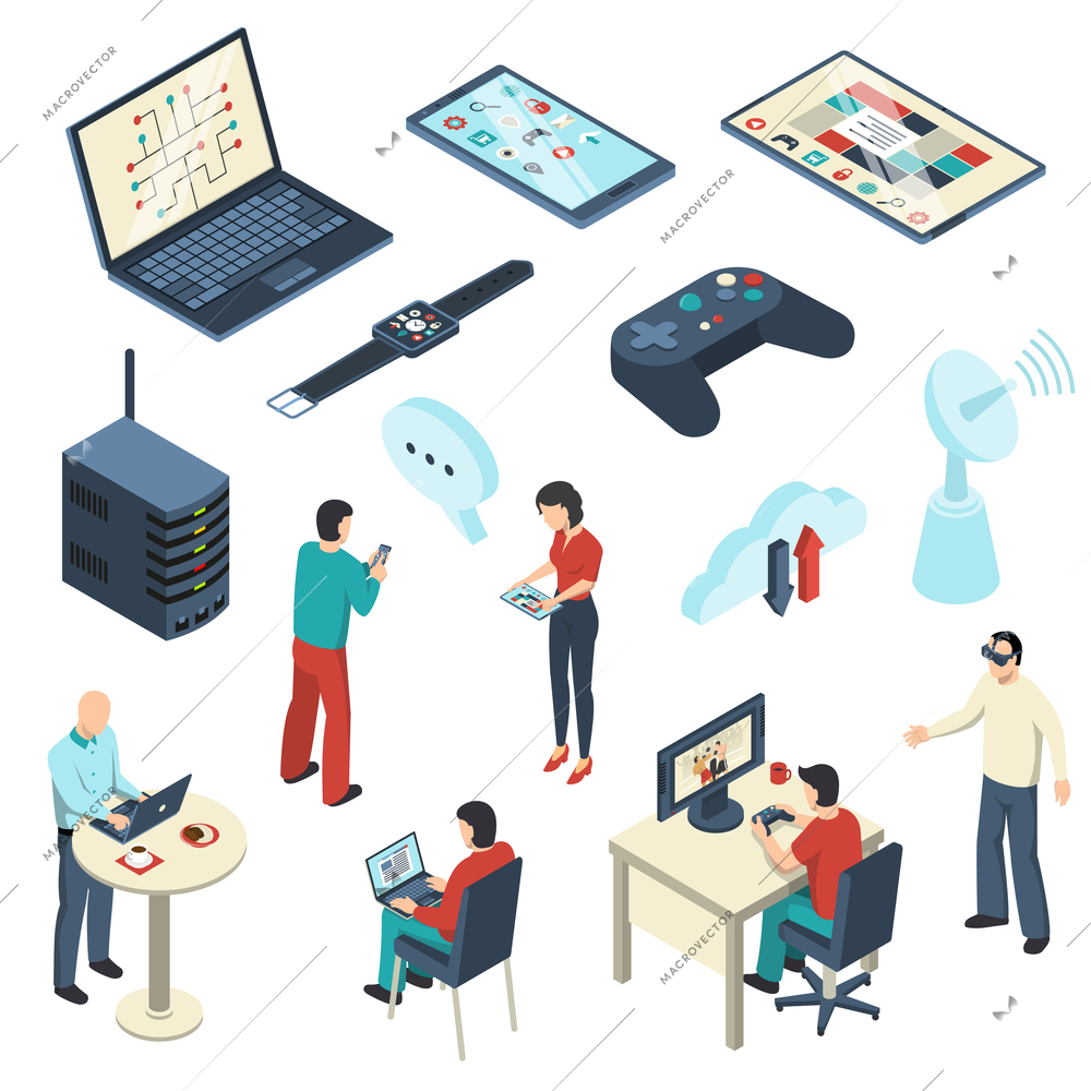 Internet of things isometric set including persons with electronic devices, cloud storage, satellite dish isolated vector illustration