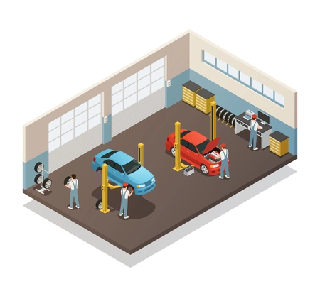 Car repair maintenance autoservice station isometric view interior with auto mechanic team with 2 vehicles vector illustration