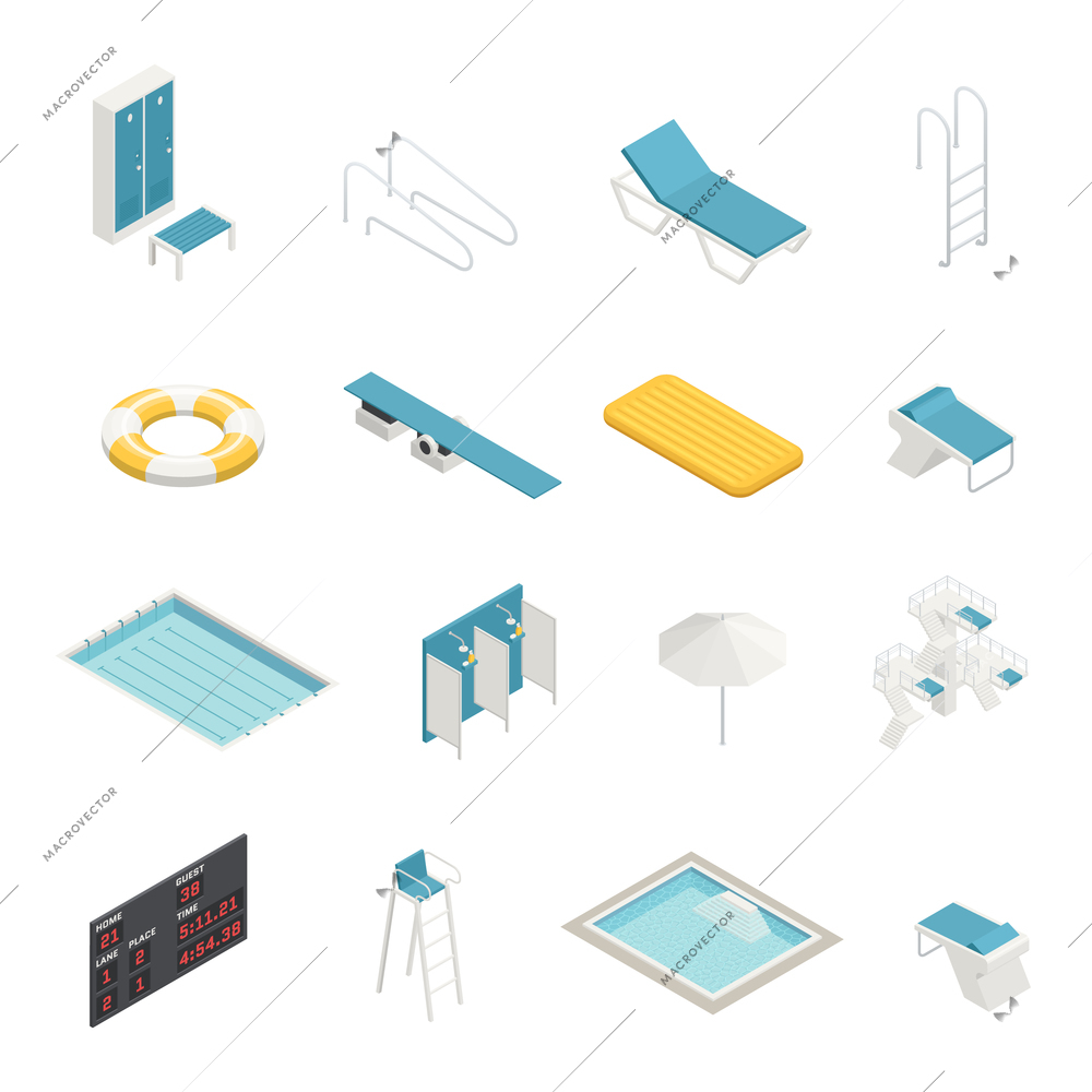 Swimming pool elements isometric icons set with change room locker closet shower life ring isometric vector illustration