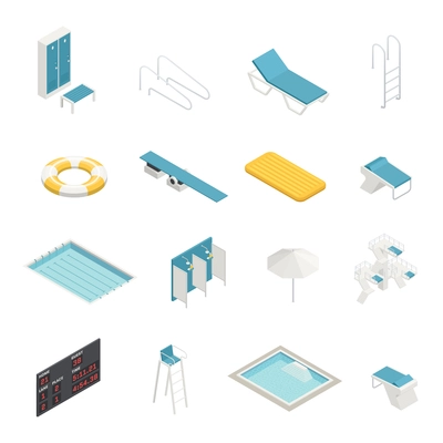 Swimming pool elements isometric icons set with change room locker closet shower life ring isometric vector illustration