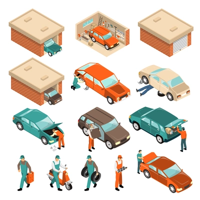 Isometric set with vehicle in brick garage, car repair, man with tyres, scooter, canister isolated vector illustration