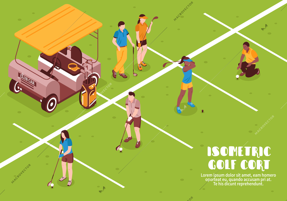 Golf cort with people equipment ball and grass isometric vector illustration