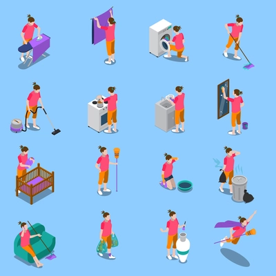 Isometric icons set with housewife during home cleaning, cooking, child care on blue background isolated vector illustration