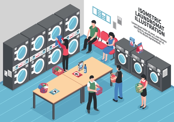 Laundry isometric concept with washing machines clothes and powder vector illustration