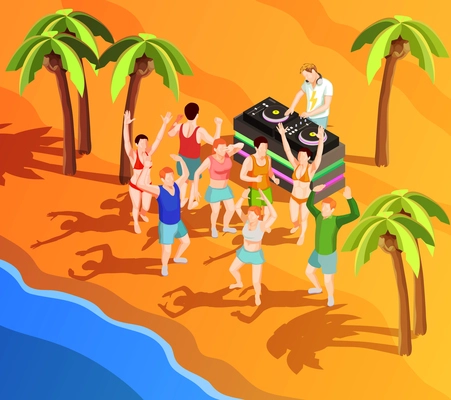 Group of people dancing at beach party with dj 3d isometric vector illustration