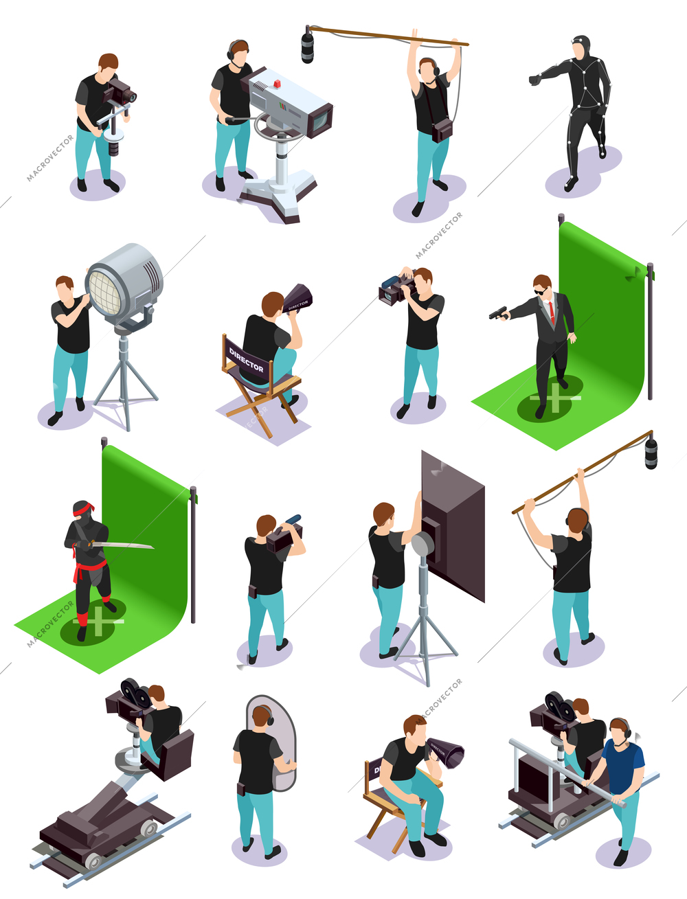 Cinematograph isometric composition with group of operators and other cinematograph people 3d isolated vector illustration