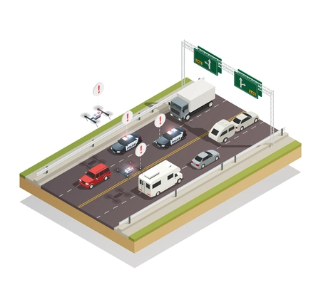 Smart city infrastructure technology connecting and controlling cars buses trucks and drones traffic isometric composition vector illustration