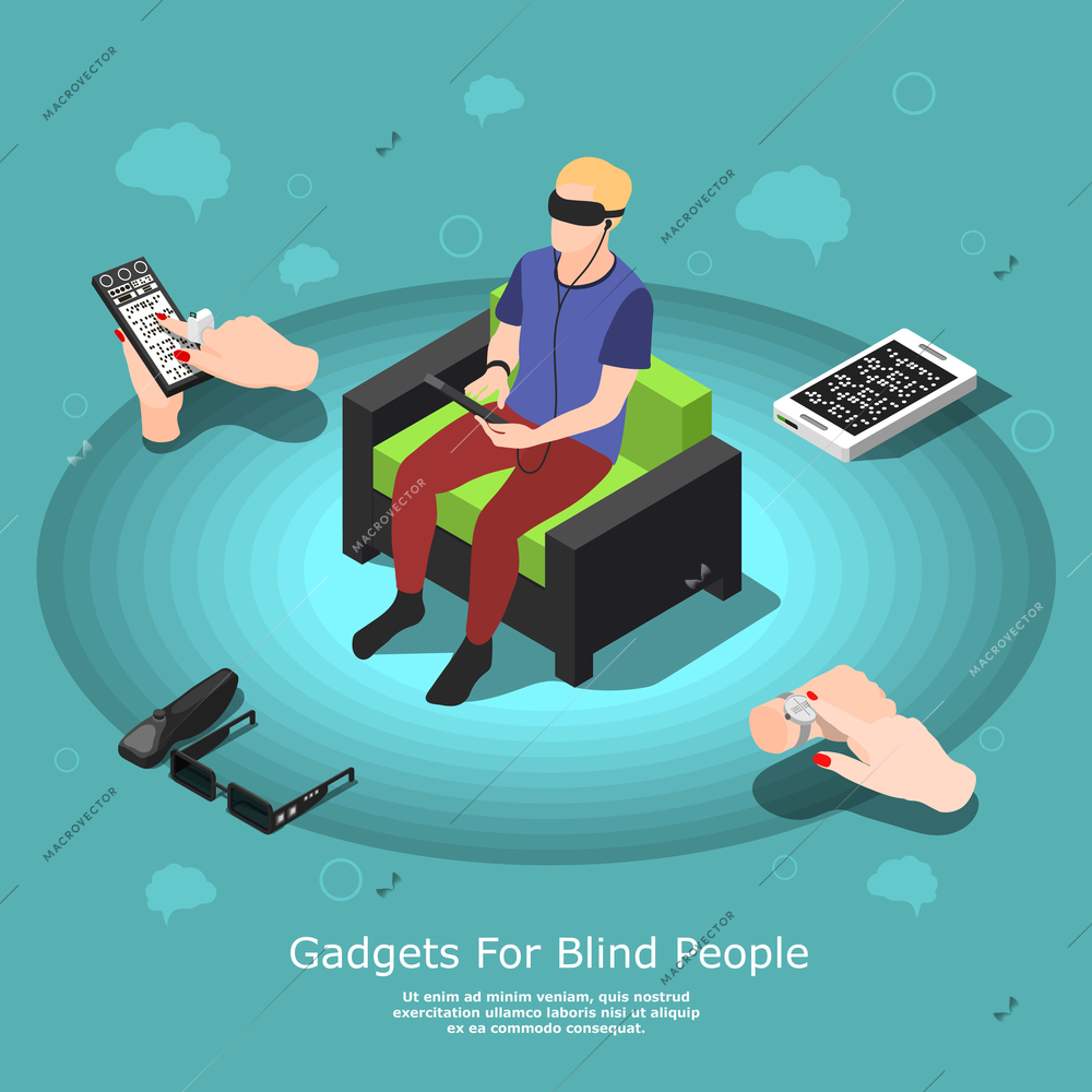 Isometric blind people conceptual background with partially sighted male character and various accessibility gadgets with text vector illustration