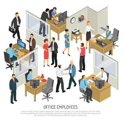 People in office interior isometric design concept with groups of creative employees participating in business process vector illustration