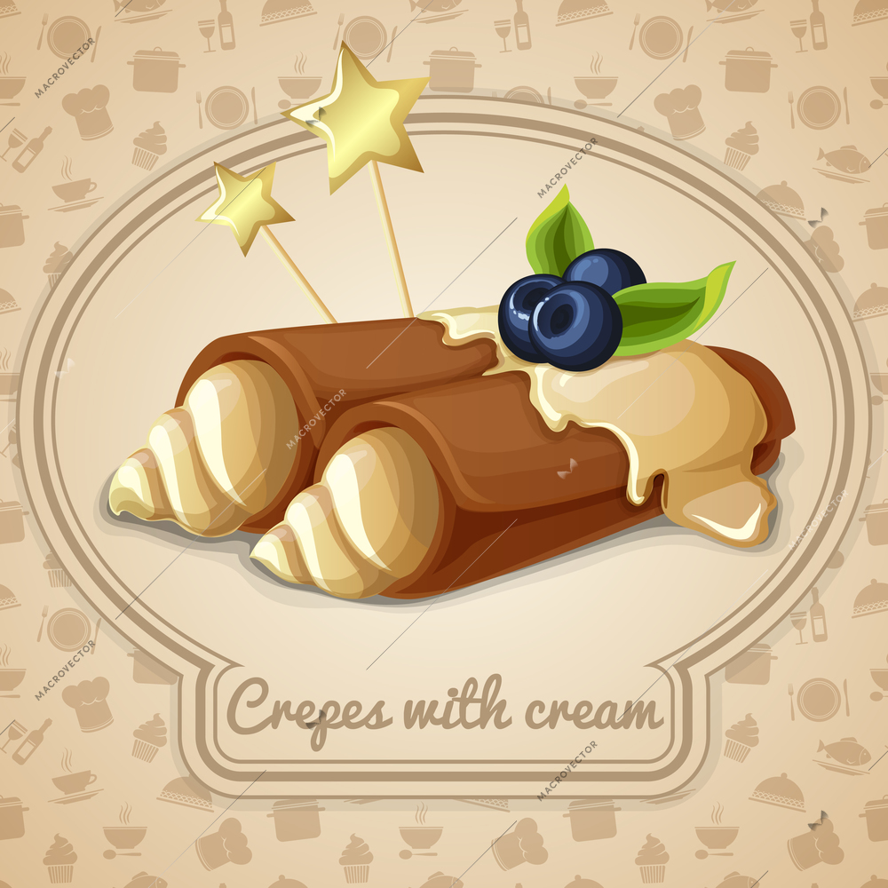 Crepes with cream dessert bakery emblem and food cooking icons on background vector illustration