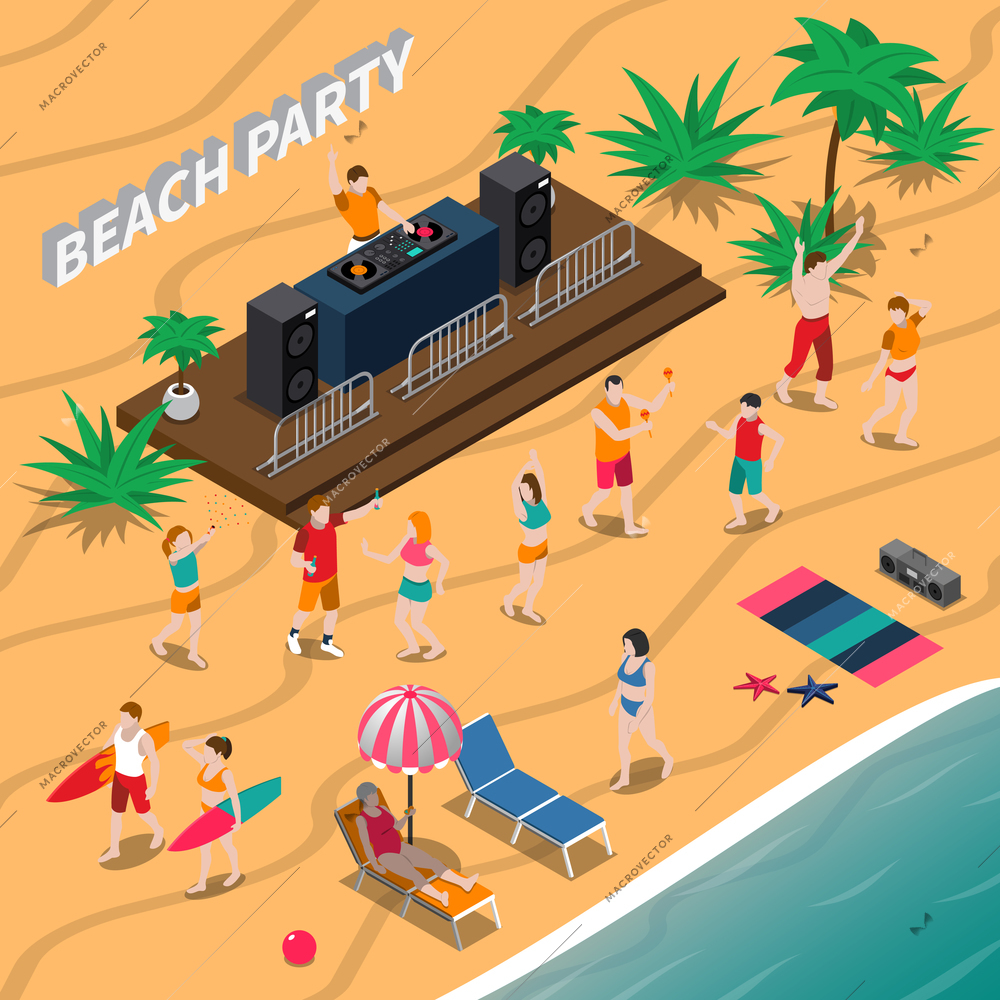 Beach party isometric composition with dj and music equipment, dancing people, loungers, umbrella, palm trees vector illustration