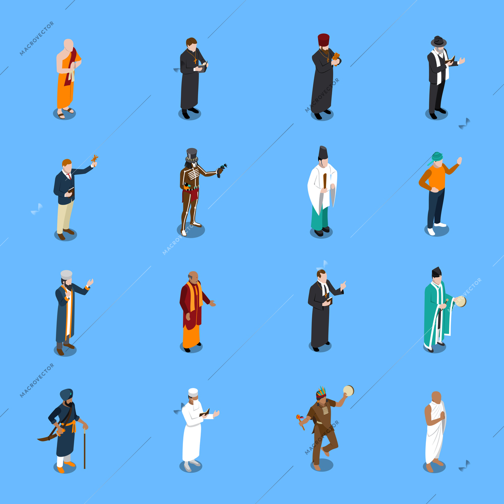 Isometric icons set with people from world religion in traditional clothing on blue background isolated vector illustration
