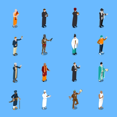 Isometric icons set with people from world religion in traditional clothing on blue background isolated vector illustration